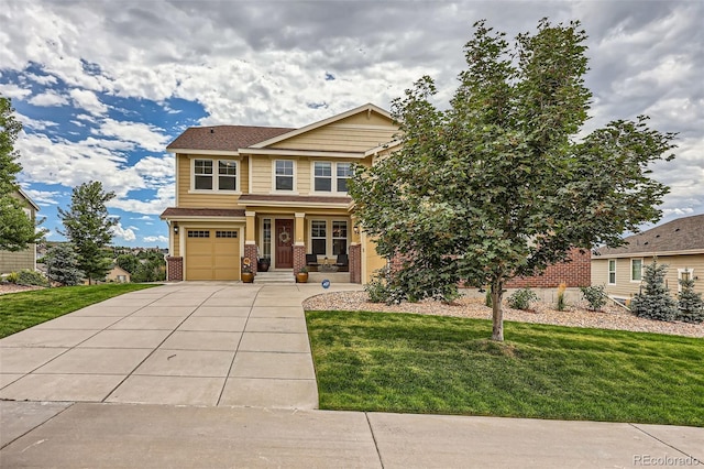 craftsman-style house with concrete driveway, brick siding, an attached garage, and a front lawn