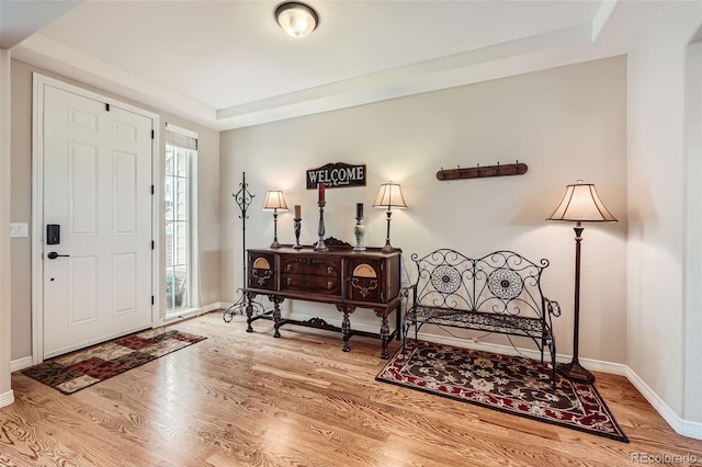 entryway featuring a tray ceiling, baseboards, and wood finished floors