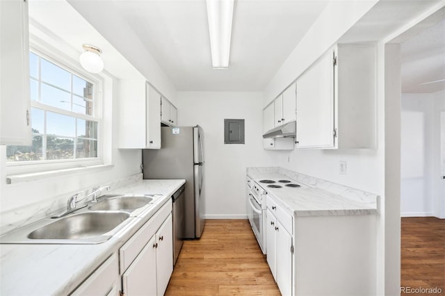 kitchen with white range with electric cooktop, dishwasher, sink, and white cabinets