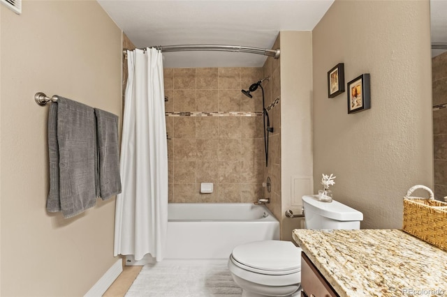 bathroom featuring toilet, shower / tub combo with curtain, vanity, and visible vents