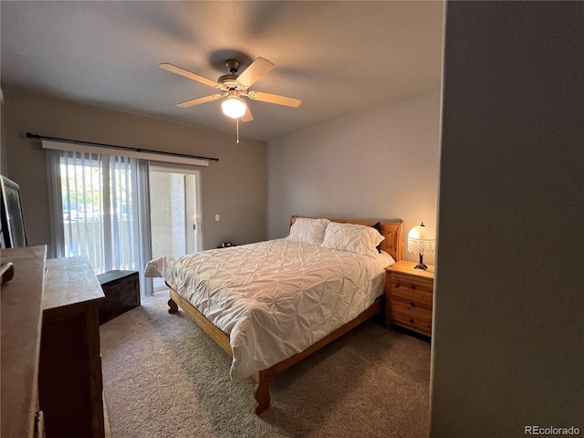 bedroom featuring carpet, ceiling fan, and access to exterior