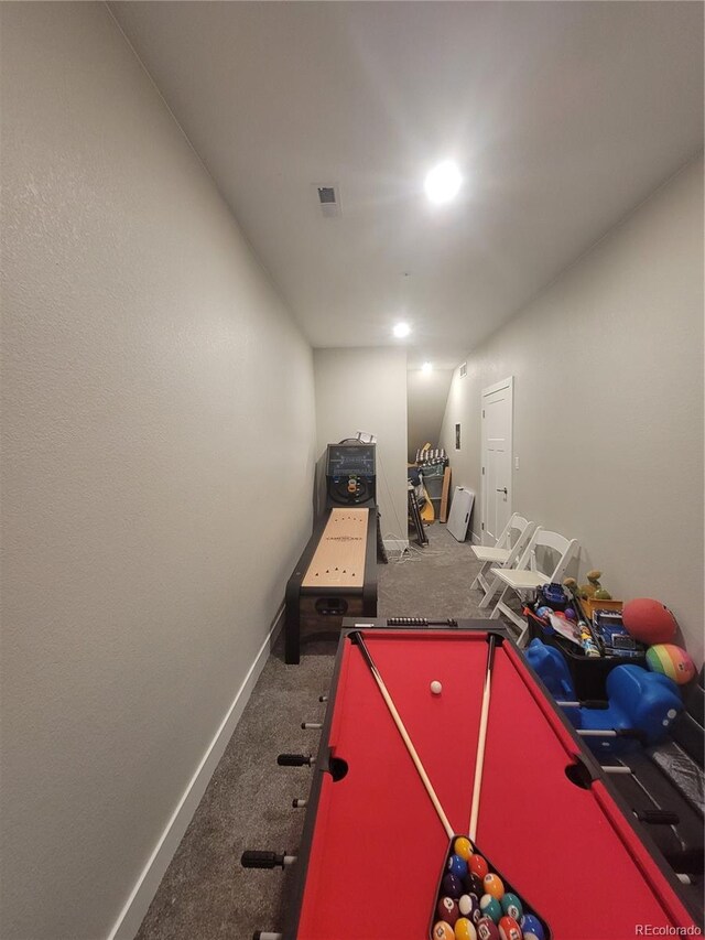 rec room featuring pool table, carpet, and baseboards