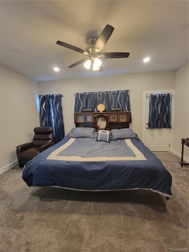 carpeted bedroom with baseboards, a ceiling fan, and recessed lighting