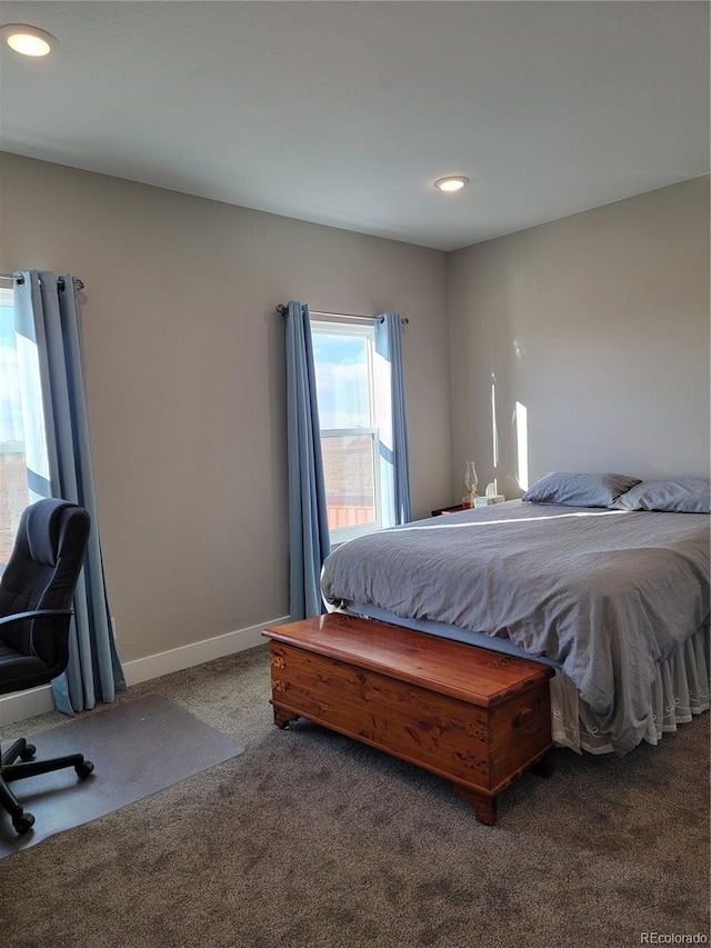 bedroom featuring carpet, baseboards, and recessed lighting