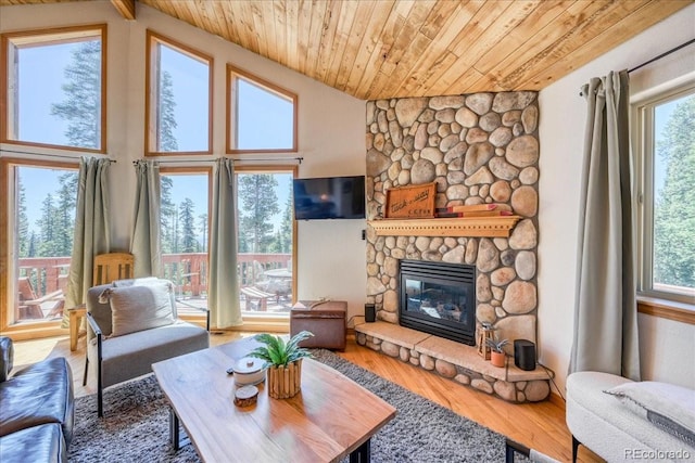 1387 Bobcat Ln, Fairplay, CO 80440 - living room featuring wood ceiling, wood finished floors, and a stone fireplace