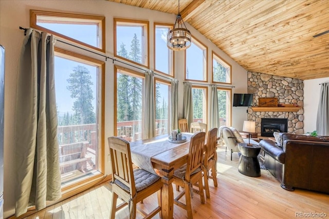 1387 Bobcat Ln, Fairplay, CO 80440 - dining room featuring wooden ceiling, plenty of natural light, high vaulted ceiling, light wood-type flooring, and a fireplace