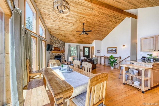 1387 Bobcat Ln, Fairplay, CO 80440 - dining room with light wood-style floors, a wooden ceiling with exposed beams, ceiling fan, high vaulted ceiling, and a stone fireplace