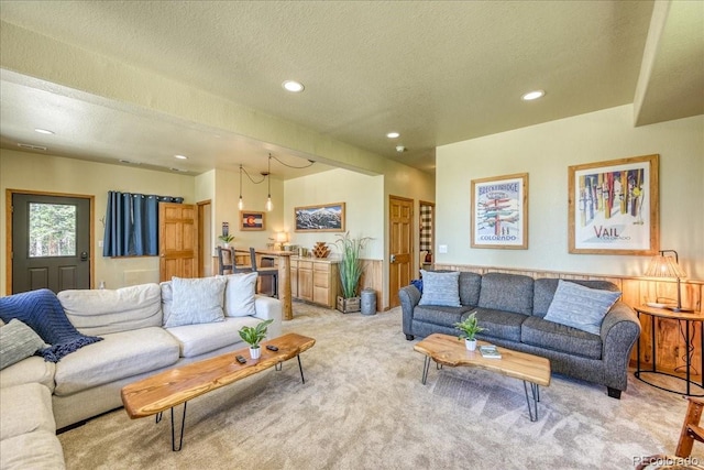 1387 Bobcat Ln, Fairplay, CO 80440 - living room with light colored carpet, recessed lighting, and a textured ceiling