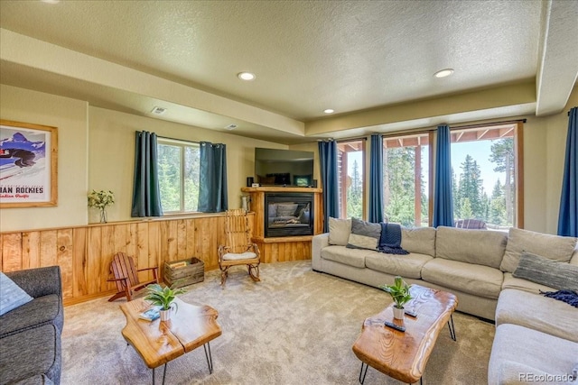 1387 Bobcat Ln, Fairplay, CO 80440 - carpeted living room featuring a textured ceiling, wainscoting, wood walls, a glass covered fireplace, and recessed lighting