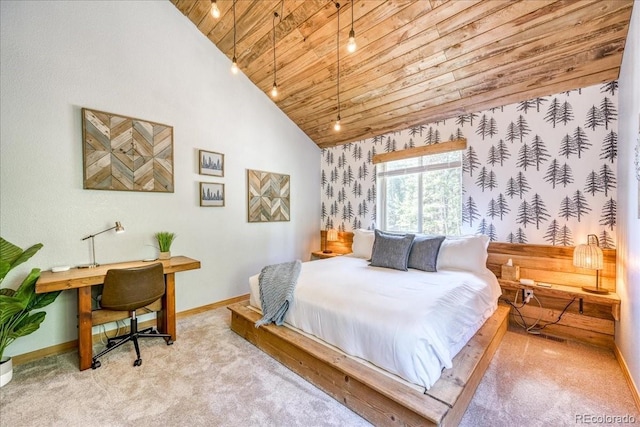 1387 Bobcat Ln, Fairplay, CO 80440 - bedroom featuring wooden ceiling, carpet, an office area, high vaulted ceiling, and rail lighting