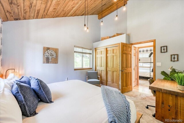 1387 Bobcat Ln, Fairplay, CO 80440 - bedroom featuring wooden ceiling, high vaulted ceiling, a closet, and light carpet