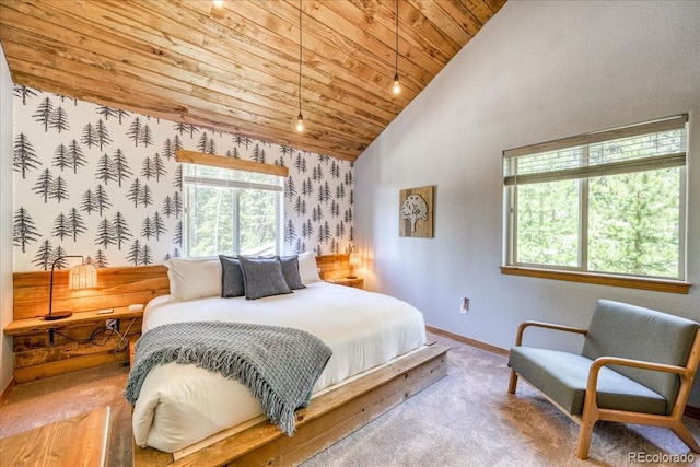 1387 Bobcat Ln, Fairplay, CO 80440 - bedroom featuring wood ceiling, carpet, vaulted ceiling, and wallpapered walls