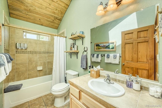 1387 Bobcat Ln, Fairplay, CO 80440 - bathroom featuring lofted ceiling, vanity, shower / bath combo with shower curtain, tile patterned floors, and wood ceiling