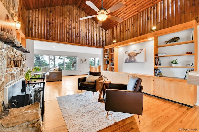 350 Tower Hill Cir, Golden, CO 80401 - living room with high vaulted ceiling, healthy amount of natural light, wooden ceiling, light wood-type flooring, and a ceiling fan