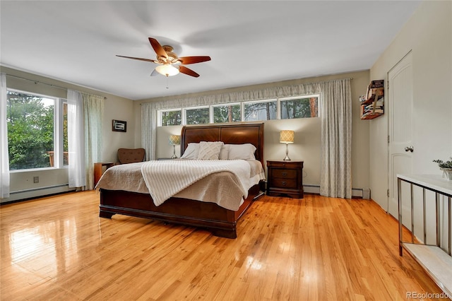 350 Tower Hill Cir, Golden, CO 80401 - bedroom with a baseboard heating unit, light wood-type flooring, a baseboard radiator, and ceiling fan