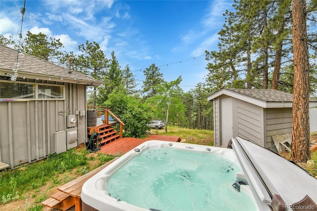 350 Tower Hill Cir, Golden, CO 80401 - deck featuring a hot tub and a storage unit