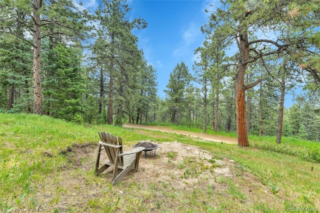 350 Tower Hill Cir, Golden, CO 80401 - view of yard featuring a fire pit and a view of trees