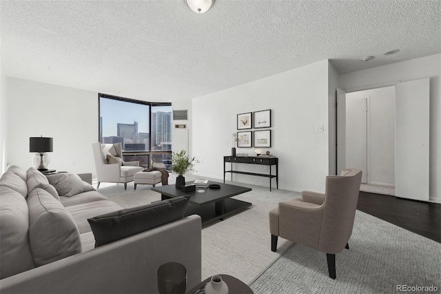 living room featuring a textured ceiling and light wood-type flooring