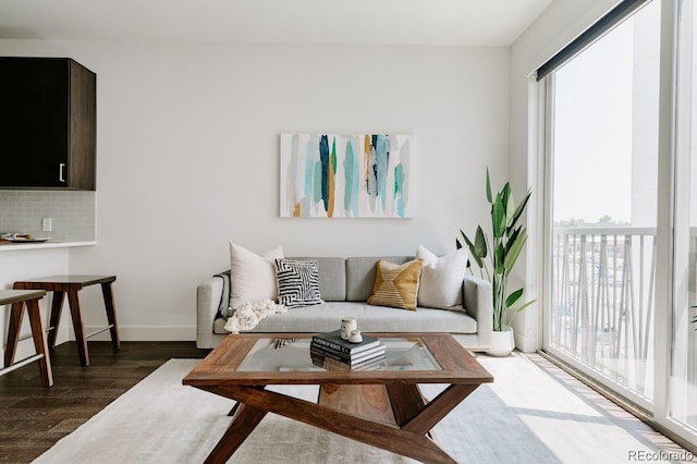 living room featuring dark wood-type flooring