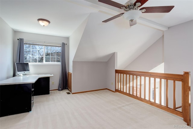 3951 S Carson St Unit D, Aurora, CO 80014 - unfurnished office with a ceiling fan, lofted ceiling, light colored carpet, and baseboards