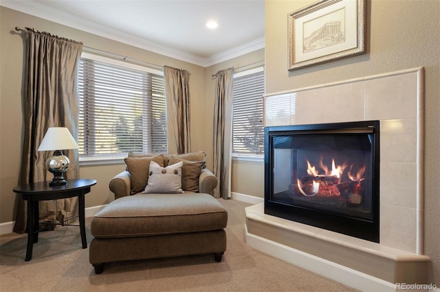 living area featuring carpet floors and crown molding