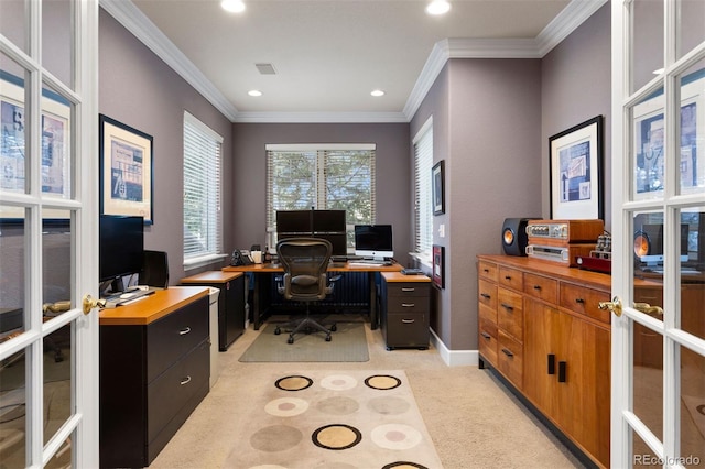 office area with light carpet, french doors, and ornamental molding