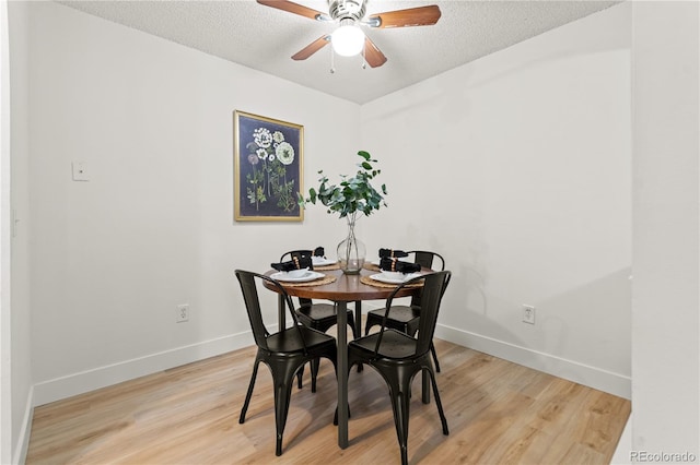 dining area featuring ceiling fan, a textured ceiling, and light wood-type flooring