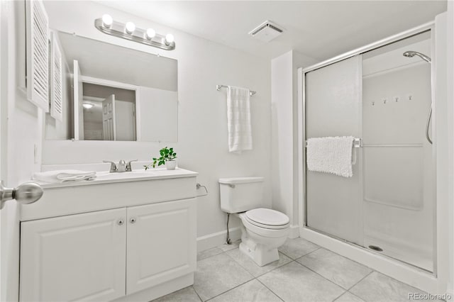 bathroom featuring tile patterned floors, toilet, a shower with door, and vanity