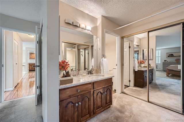 bathroom with vanity, a textured ceiling, and hardwood / wood-style flooring