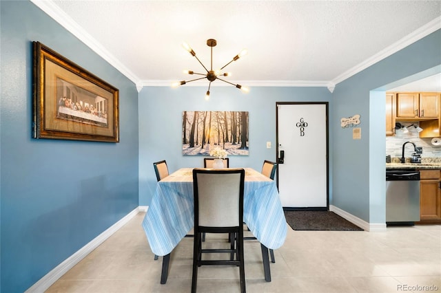 7780 W 38th Ave Unit 203, Wheat Ridge, CO 80033 - dining area featuring a chandelier, ornamental molding, light tile patterned floors, and baseboards