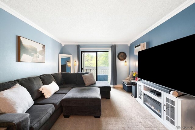 7780 W 38th Ave Unit 203, Wheat Ridge, CO 80033 - living area featuring ornamental molding, a textured ceiling, and carpet flooring