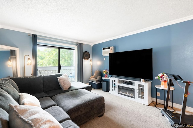 7780 W 38th Ave Unit 203, Wheat Ridge, CO 80033 - living room featuring crown molding, a textured ceiling, carpet, and an AC wall unit
