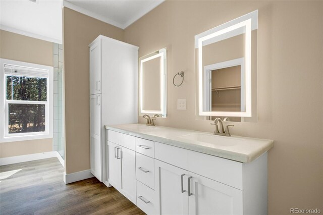 bathroom featuring walk in shower, ornamental molding, vanity, and hardwood / wood-style floors