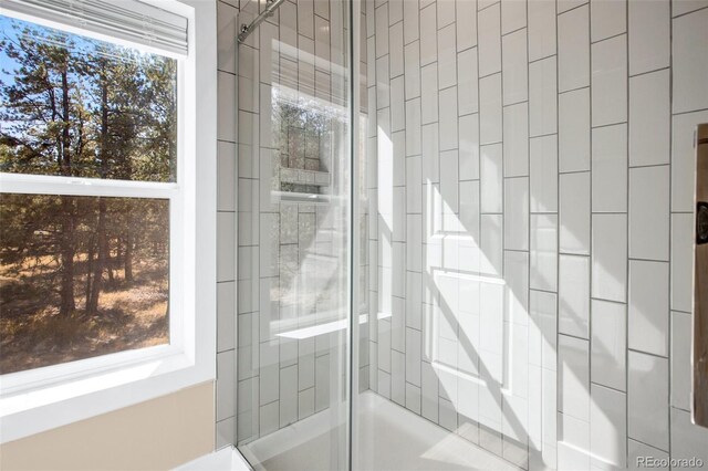 bathroom featuring a shower with shower door