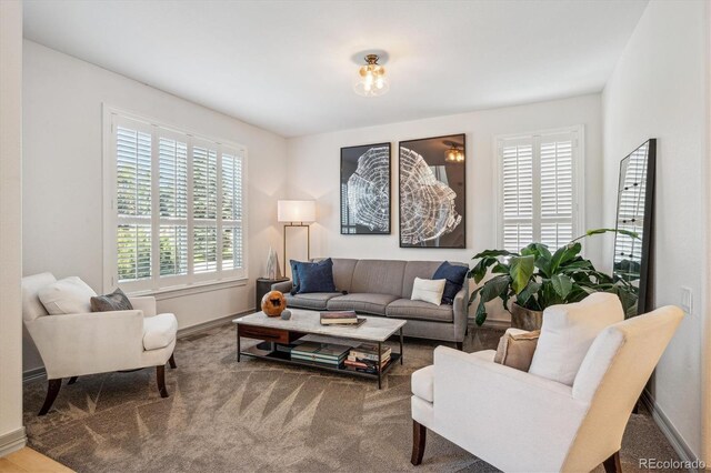 living area featuring baseboards