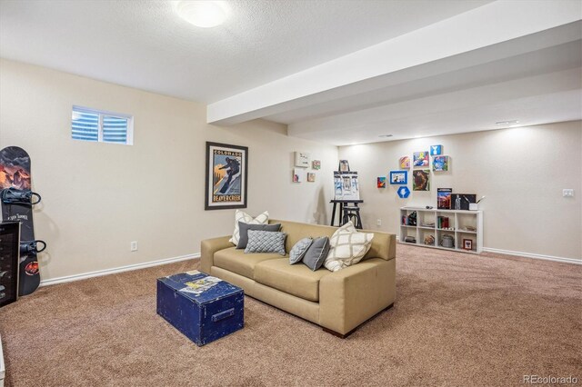 living area featuring carpet floors and baseboards