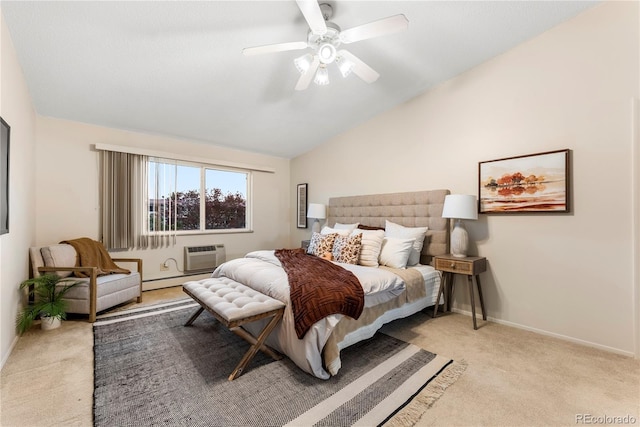 bedroom featuring lofted ceiling, an AC wall unit, light carpet, ceiling fan, and baseboard heating