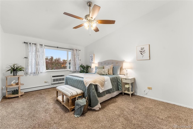 carpeted bedroom featuring lofted ceiling, baseboard heating, an AC wall unit, and ceiling fan