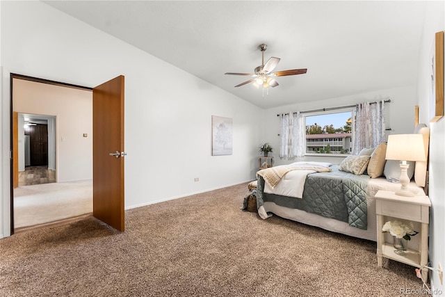 carpeted bedroom featuring vaulted ceiling and ceiling fan