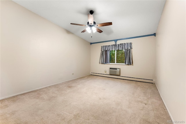 carpeted empty room with lofted ceiling, a baseboard heating unit, ceiling fan, and a wall mounted air conditioner