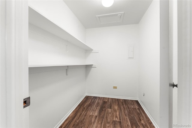 spacious closet with dark hardwood / wood-style flooring