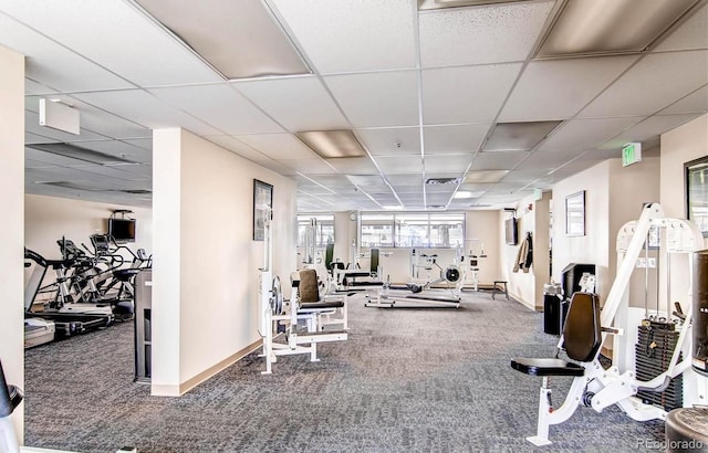 exercise room featuring a paneled ceiling and carpet