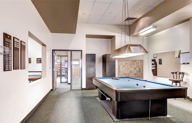 rec room with pool table and a drop ceiling