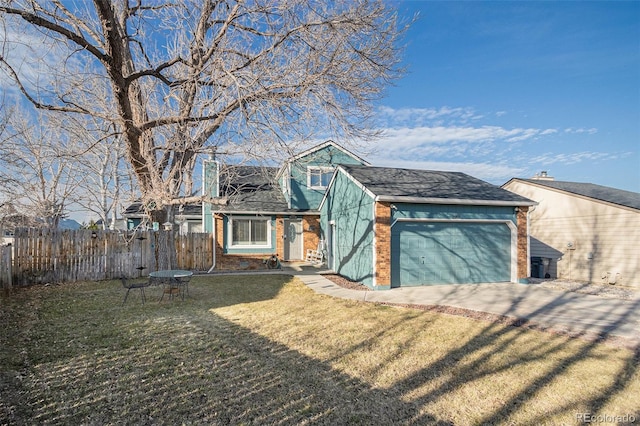 view of front of property with driveway, an attached garage, fence, a front lawn, and brick siding