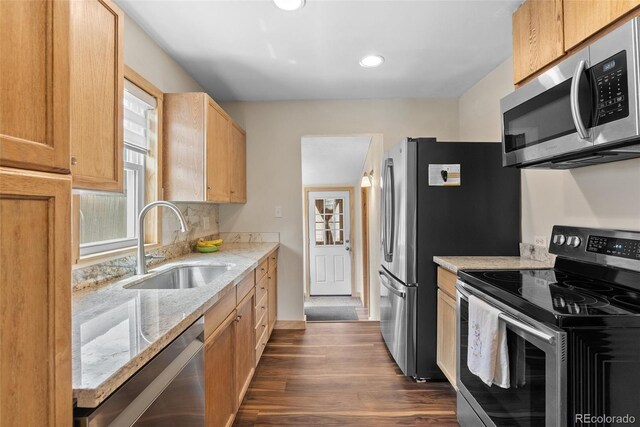 kitchen with stainless steel appliances, a sink, dark wood-style floors, light stone counters, and recessed lighting
