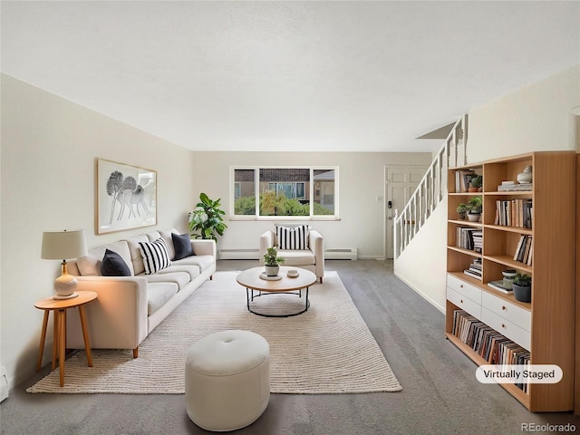 living area with carpet flooring, stairway, and a baseboard radiator