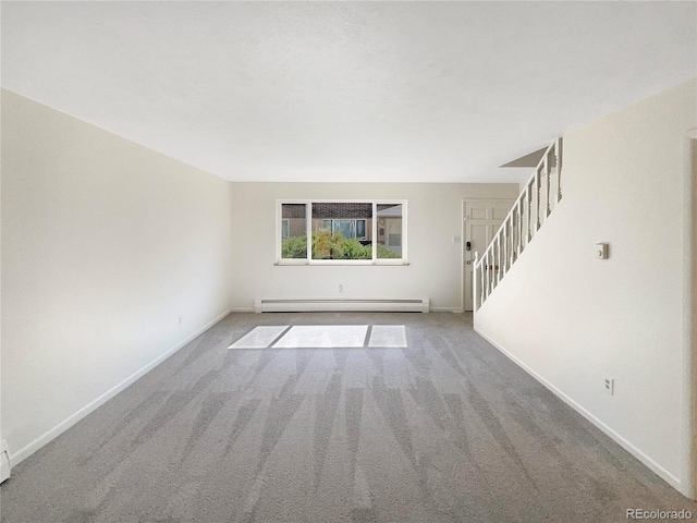 unfurnished living room featuring a baseboard radiator, carpet floors, baseboards, and stairs