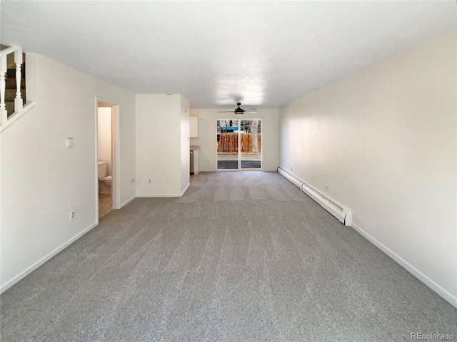 unfurnished living room featuring baseboards, light carpet, baseboard heating, and a ceiling fan