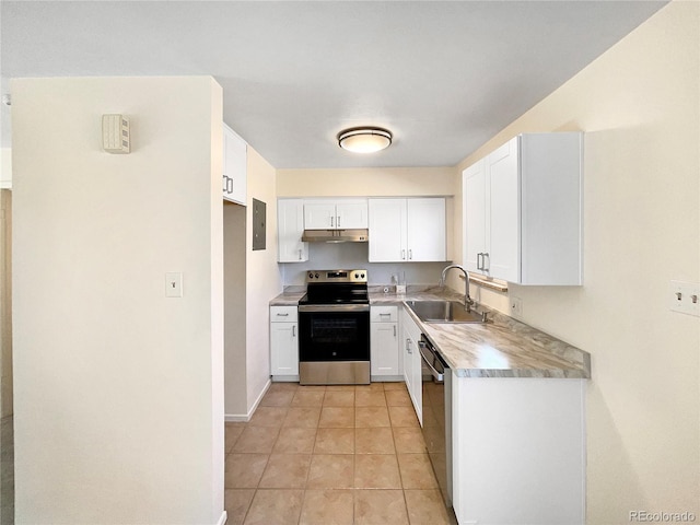 kitchen featuring electric panel, a sink, stainless steel appliances, light countertops, and white cabinets