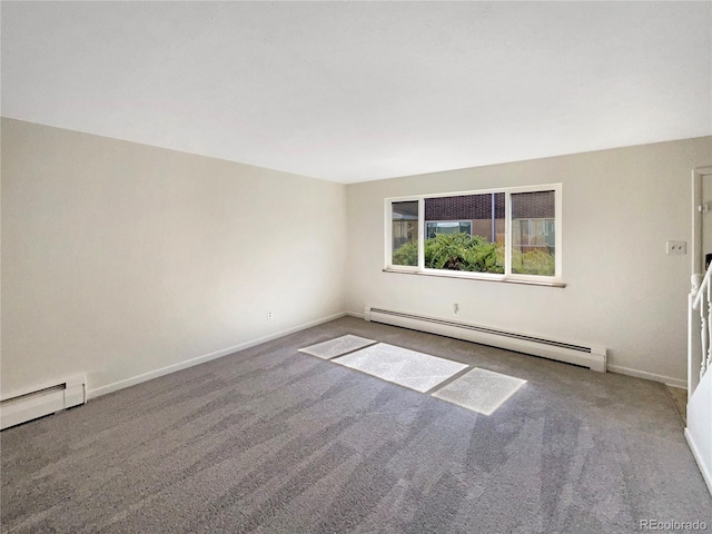 spare room featuring baseboards, carpet floors, and a baseboard radiator